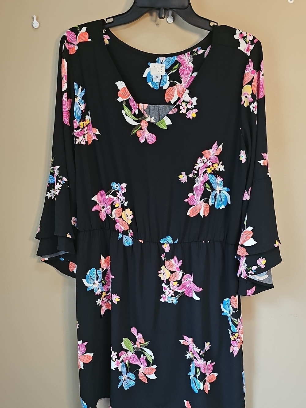a new day Black Floral V-Neck Tunic with Ruffle Sleeves